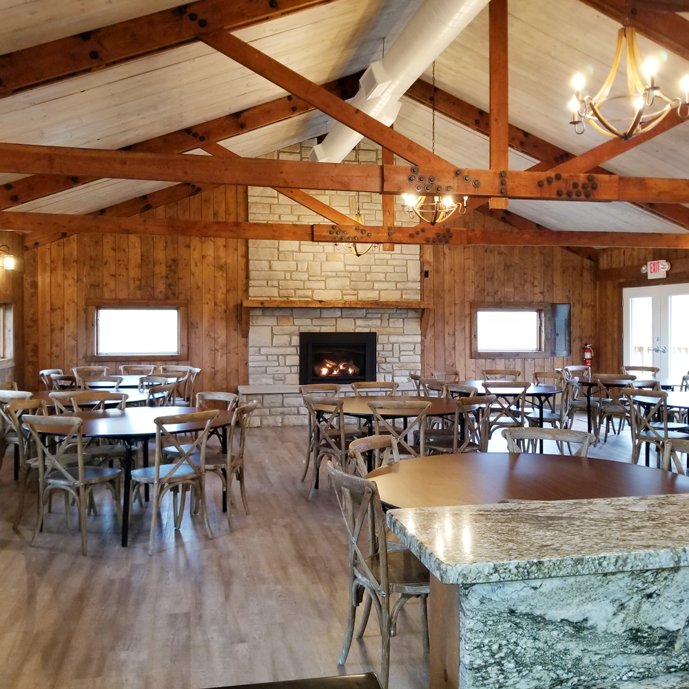 Inside view of lodge with fireplace